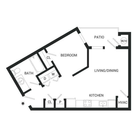 Floor plan for studio, 1 bath, 538 sqft
